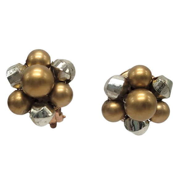 Hong Kong Jewelry - Vintage Gold & Silver Tone Cluster Clip-On Earrings Made In Hong Kong